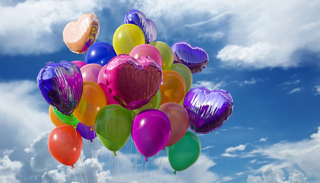 balloons, heart, sky, decoration, party, nature, colorful balloons, celebration, helium, happy birthday, fly, float, shiny, clouds, blue sky